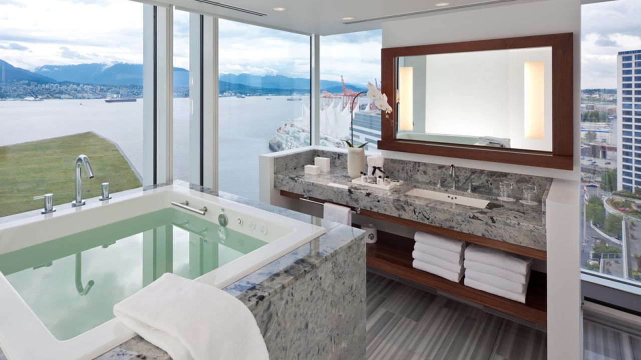 <strong>Fairmont Pacific Rim, Vancouver, Canada: </strong>Spectacular views from the tub are among the features of this Pacific Northwest hotel, which also include a spa and rooftop pool. 