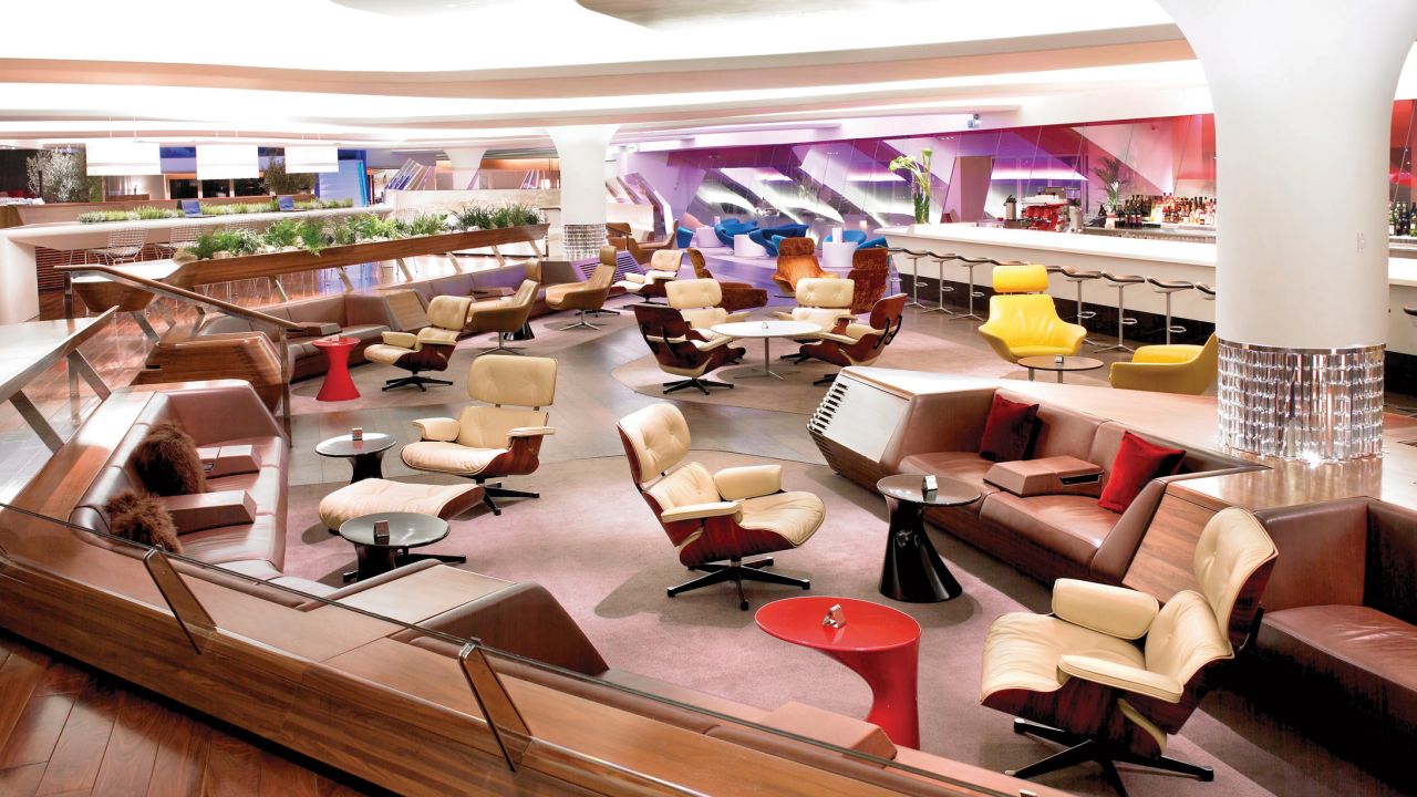 Virgin's futuristic interior aircraft design extends to its flagship lounge in London's Heathrow. Expect plenty of entertaining options to while away the time.