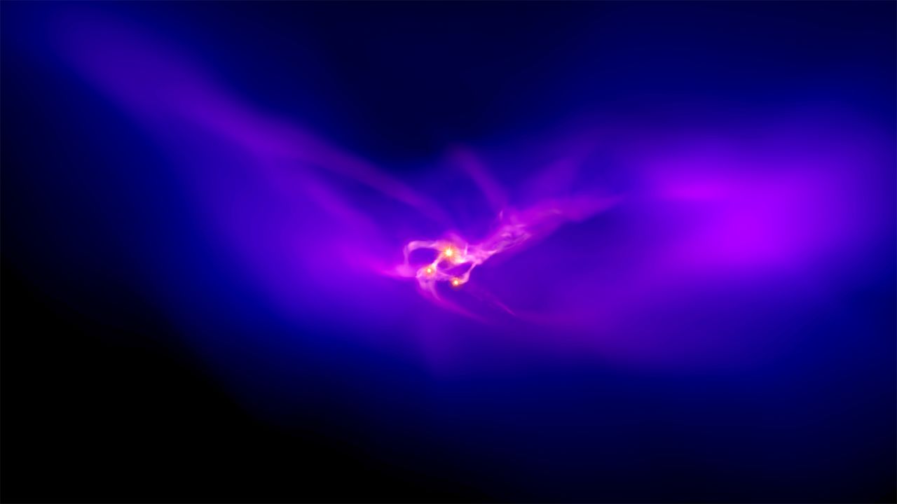 How did massive black holes form in the early universe? The rotating gaseous disk of this dark matter halo breaks apart into three clumps that collapse under their own gravity to form supermassive stars. Those stars will quickly collapse and form massive black holes.