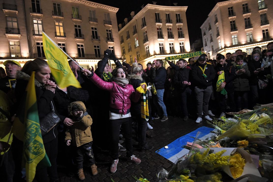 Nantes football club supporters gather after it was announced that the plane Argentinian forward Emiliano Sala was flying on vanished.