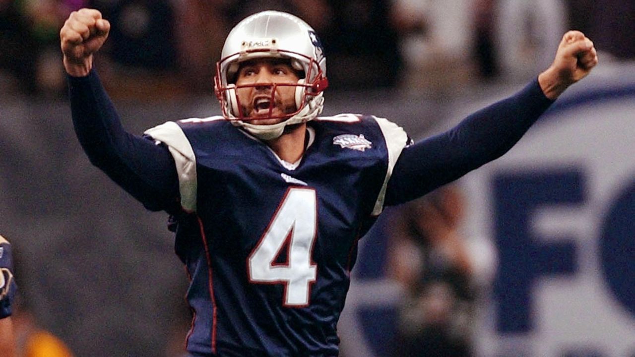 Patriots kicker Adam Vinatieri celebrates his game-winning field goal.