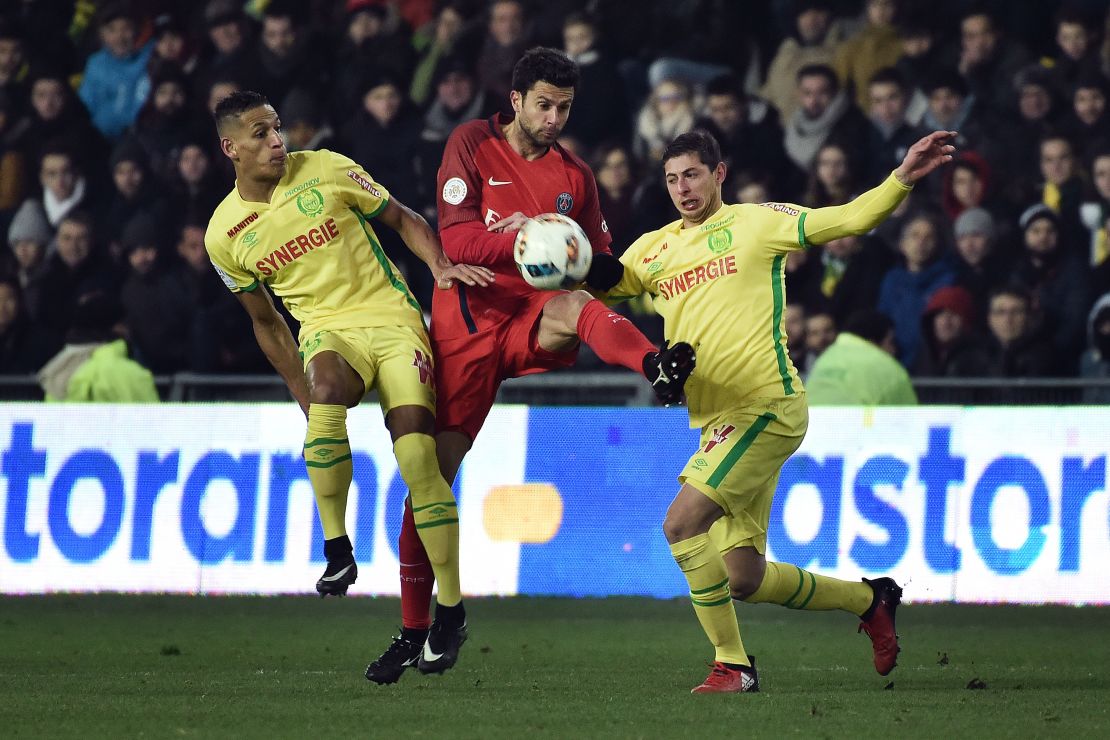 Yacine Bammou (L) and Nantes' Argentinian forward Emiliano Sala during the match between Nantes and Paris Saint-Germain on January 21, 2017.