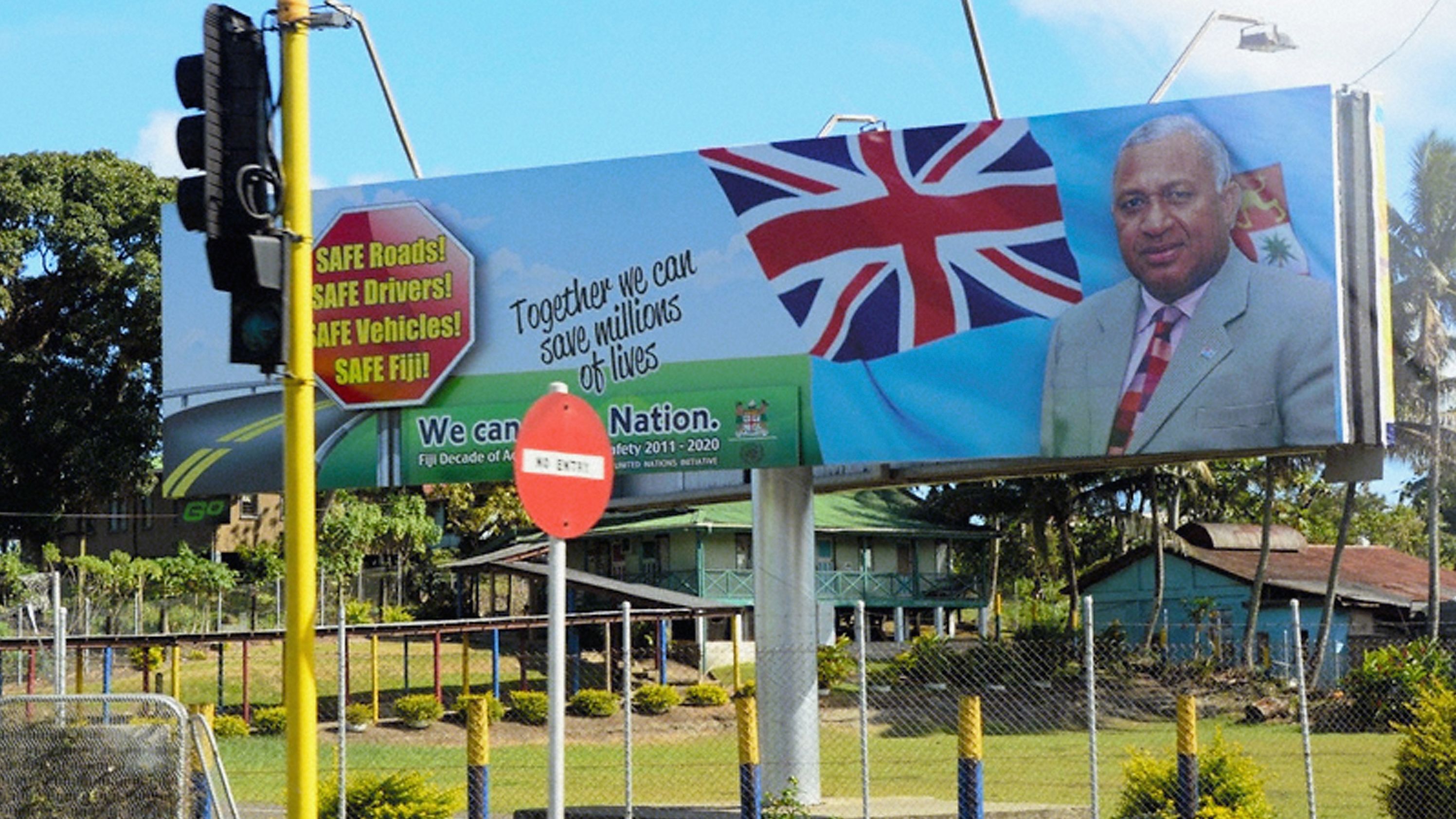 A billboard calling for support of acting prime minister Frank Bainimarama seen on September 14, 2014 in Suva, Fiji. 