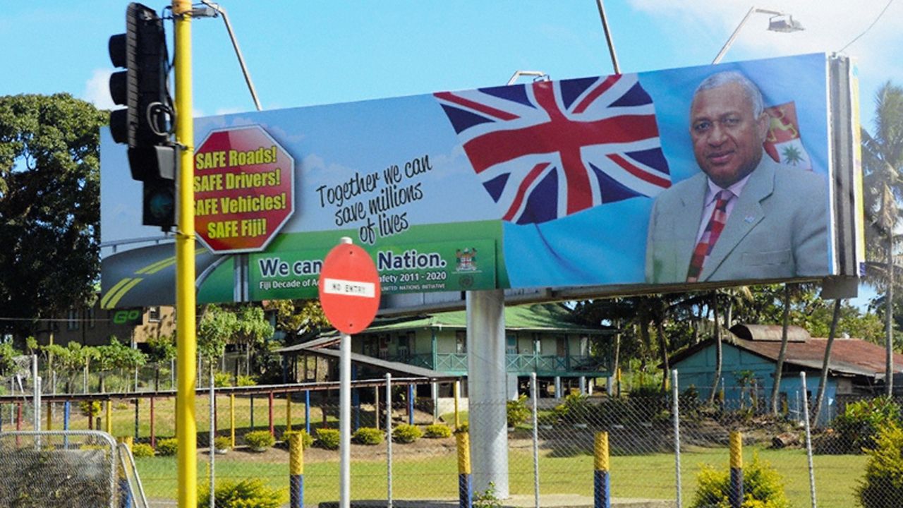A billboard calling for support of acting prime minister Frank Bainimarama seen on September 14, 2014 in Suva, Fiji.