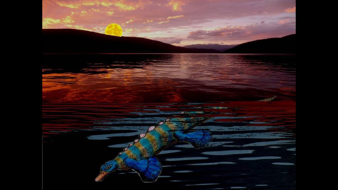 This artist's illustration shows a marine reptile similar to a platypus hunting at dusk. This duckbilled animal was the first reptile to have unusually small eyes that most likely required it to use other senses, such as the tactile sense of its duckbill, to hunt for prey.