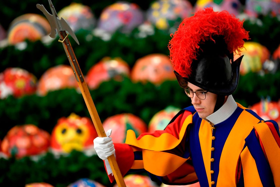 A Swiss Guard in the traditional colorful uniform.
