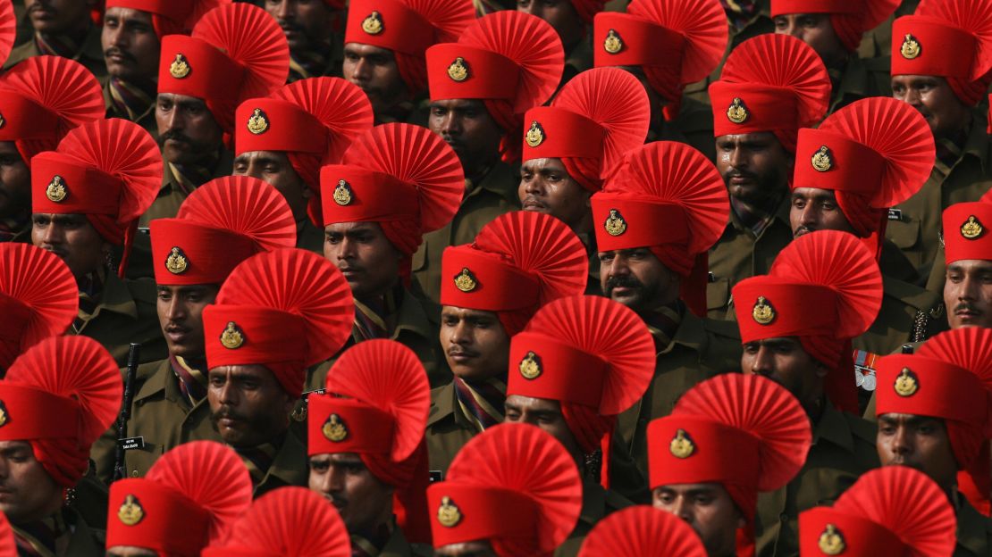 Indian soldiers march during the Republic Day parade in Delhi on January 26, 2009. 