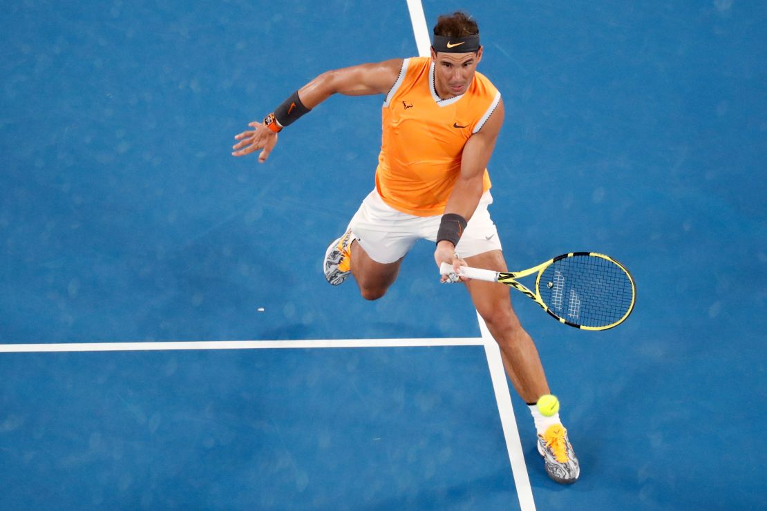 Rafael Nadal hits a forehand against Greece's Stefanos Tsitsipas during their semifinal.