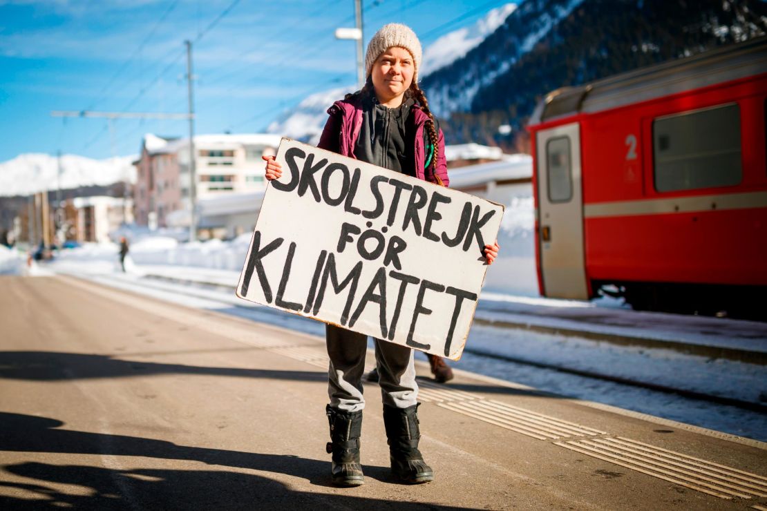 Greta Thunberg arrives in Davos on Wednesday by train.