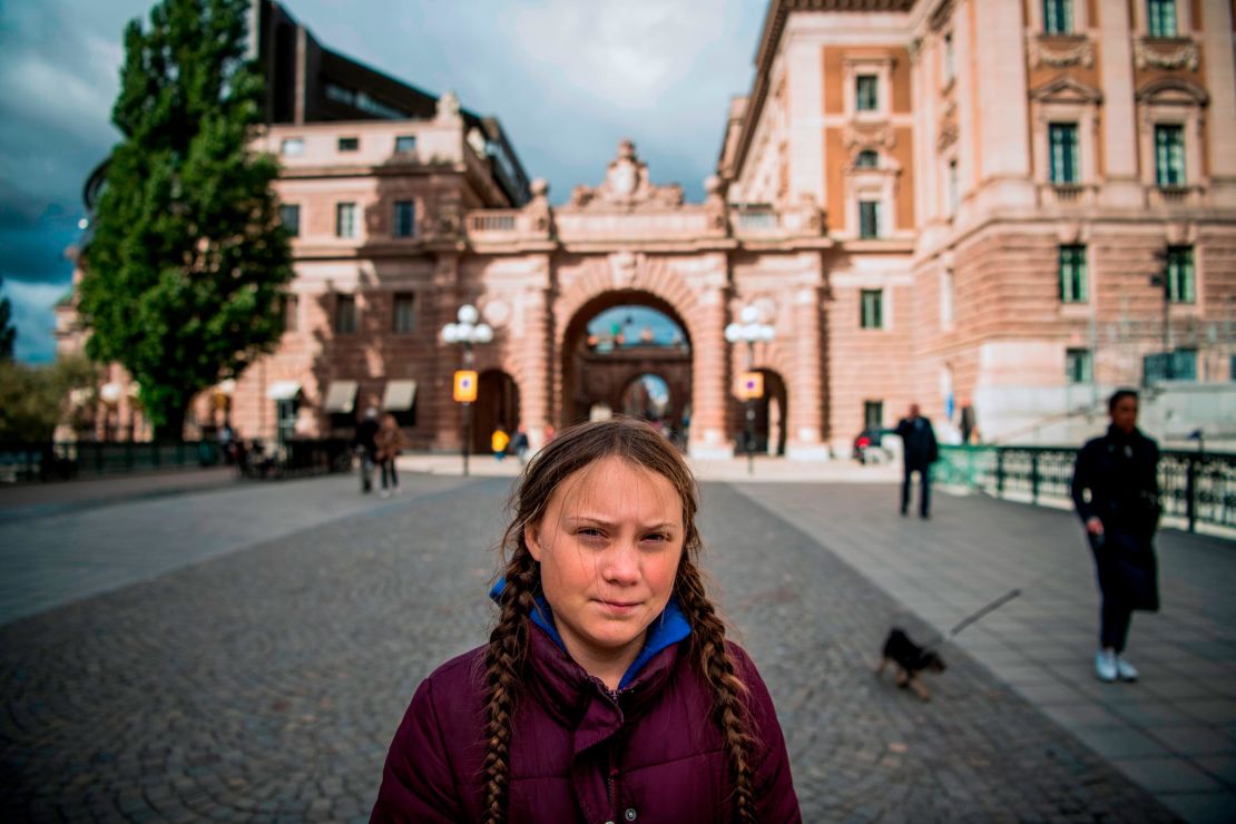 Thunberg pictured in front of the Swedish Parliament in September, where she goes on strike every week.