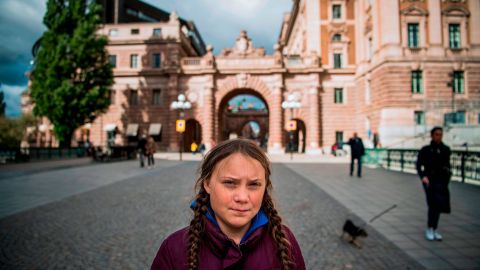 Thunberg pictured in front of the Swedish Parliament in September, where she goes on strike every week.