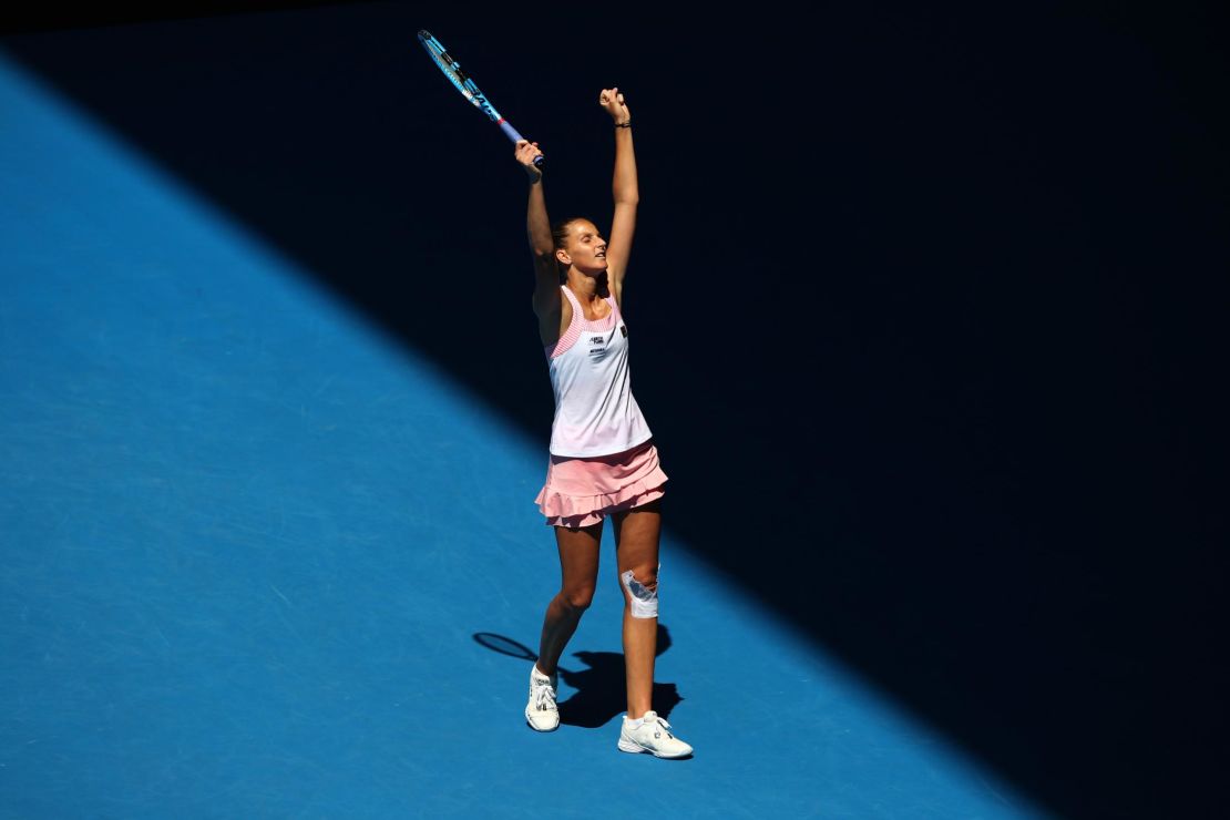 Karolina Pliskova celebrates after beating Serena Williams at the Australian Open. 