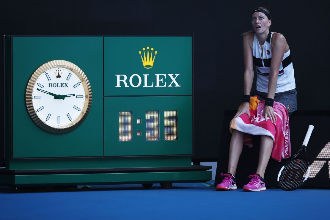 Petra Kvitova takes a seat as the roof is closed at Rod Laver Arena. 