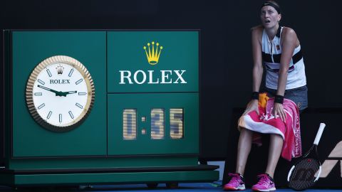 Petra Kvitova takes a seat as the roof is closed at Rod Laver Arena. 