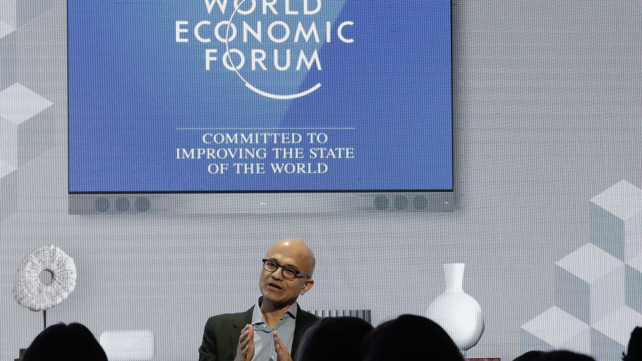 Microsoft's CEO Satya Nadella addresses the audience of a session at the annual meeting of the the World Economic Forum in Davos, Switzerland, Thursday, Jan. 24, 2019. (AP Photo/Markus Schreiber)