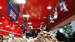 BERLIN, GERMANY - JANUARY 18: A vendor promotes confectionery products from the United Kingdom at the UK stand at the International Green Week agricultural trade fair on January 18, 2019 in Berlin, Germany. The future of trade between the UK and the European Union is uncertain following the recent overwhelming rejection of British Prime Minister Theresa May's Brexit deal in the House of Commons last Tuesday. The International Green Week (Internationale Gruene Woche), among the biggest trade fairs of its kind, focuses on agriculture, horticulture and foods. (Photo by Michele Tantussi/Getty Images)