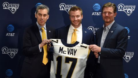Chief Operating Officer Kevin Demoff, McVay and general manager Les Snead of the Los Angeles Rams stand for a photo after announcing McVay's hiring as head coach.