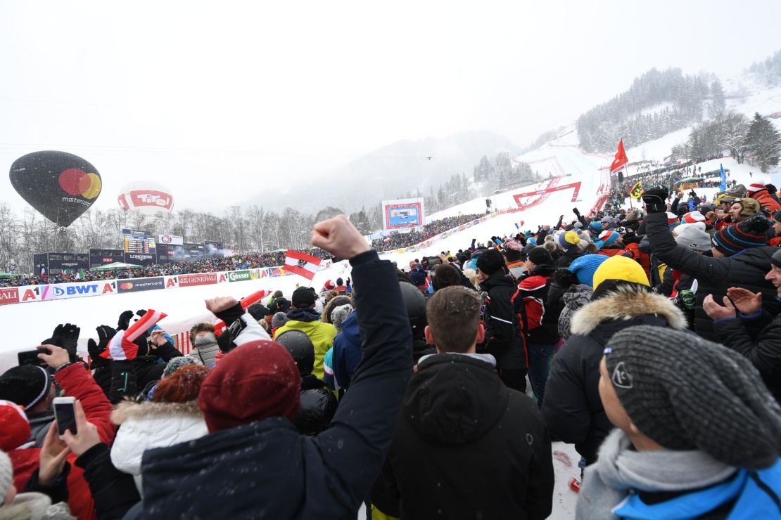 Ski racing fans watch the famous Kitzbuhel downhill.