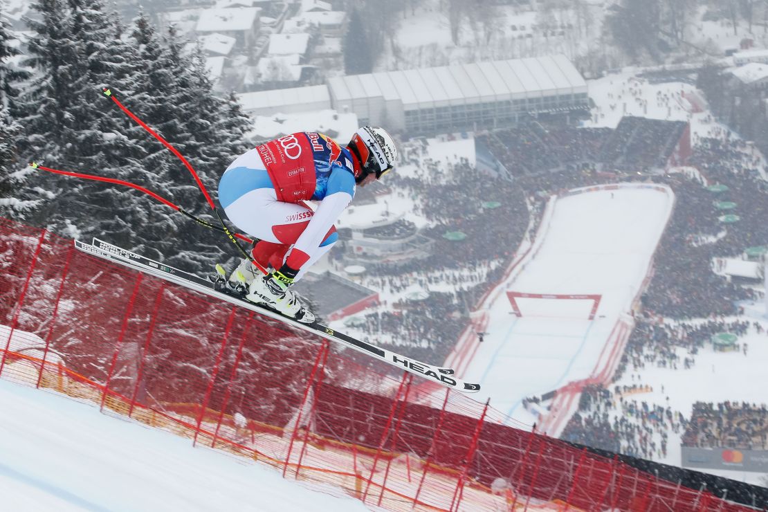 Beat Feuz of Switzerland flies towards the finish of the Kitzbuhel downhill. 