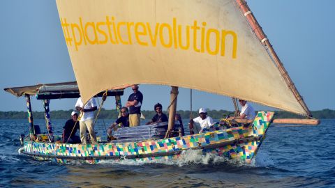 The dhow made by recycled plastic floats during its official voyage launch at Lamu Island, northern coast of Kenya, on January 23, 2019.