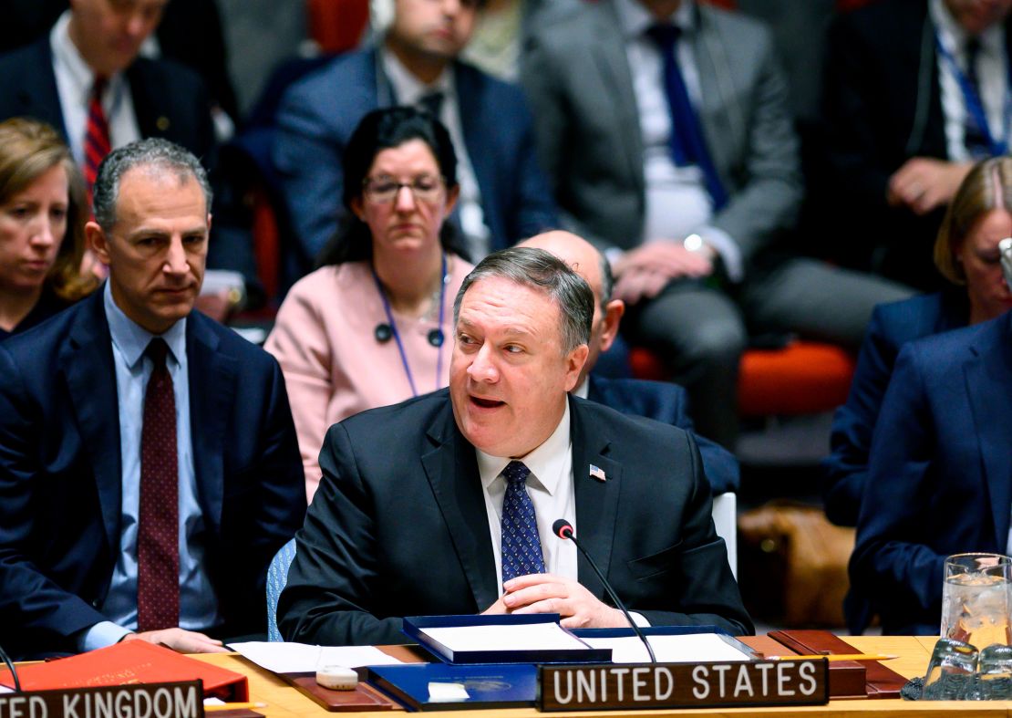 US Secretary of State Mike Pompeo addresses a UN Security Council meeting Saturday on Venezuela.