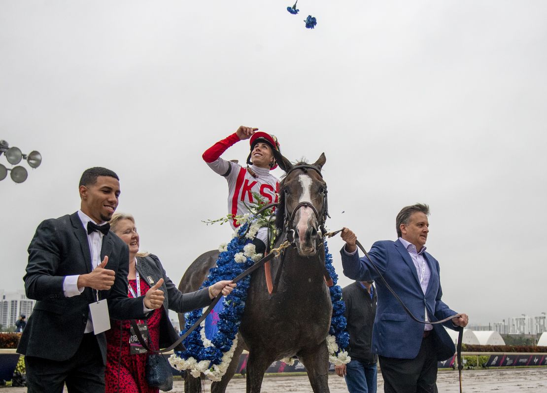 Bricks and Mortar, ridden by jockey Irad Ortiz Jr., won the Pegasus World Cup Turf Invitational Stakes.