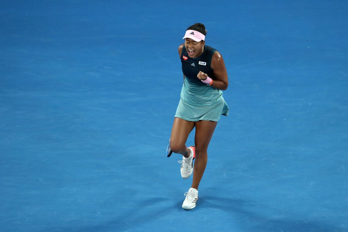 Naomi Osaka celebrates a point during the Australian Open final.