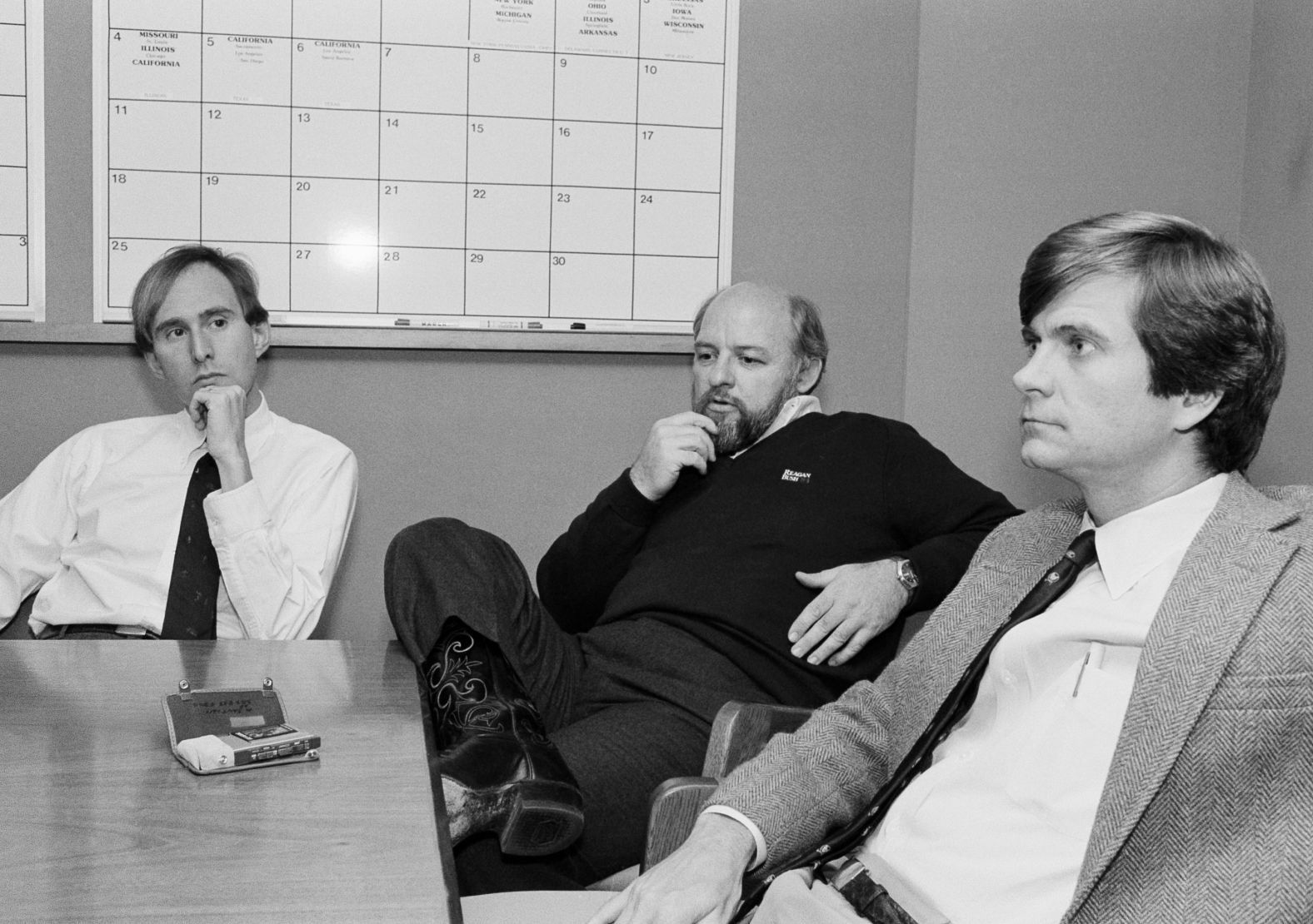 Stone, left, and fellow Reagan campaign operatives Ed Rollins and Lee Atwater discuss a meeting they had with former President Richard Nixon during Reagan's re-election campaign in November 1984.