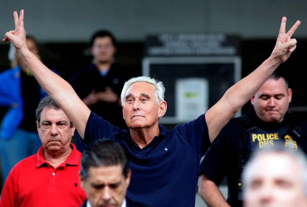 Stone walks out of a federal courthouse following his hearing in Fort Lauderdale, Florida, in January 2019.