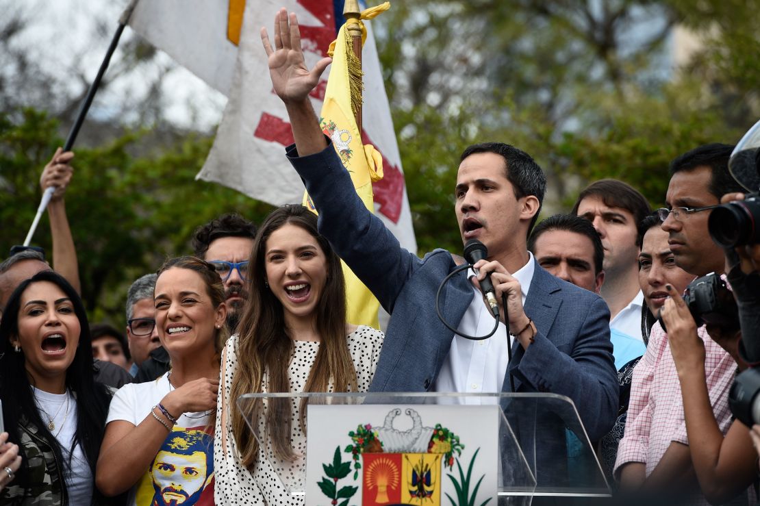 Juan Guaido speaks to opposition supporters in Caracas on Saturday.