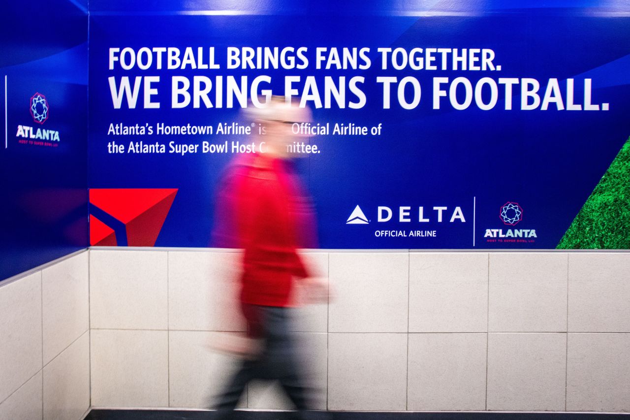Delta is celebrating Super Bowl 53 branding at the airport. 
