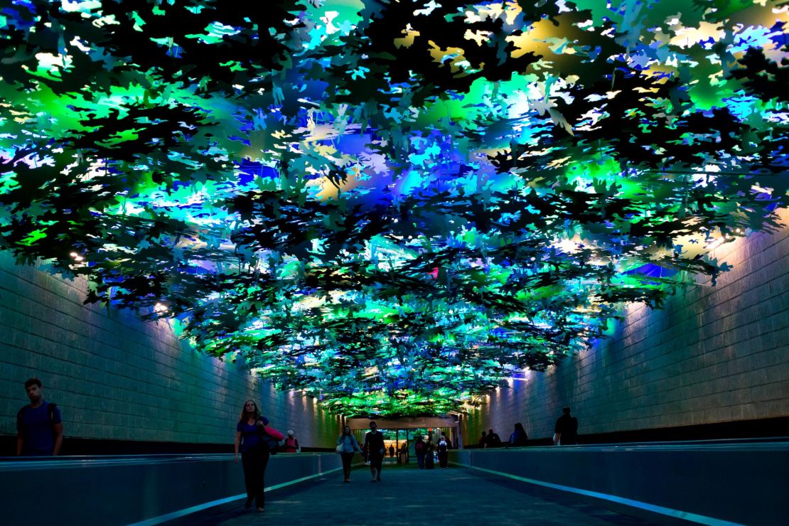 "Flight Paths" by artist Steven Waldeck is on display above the underground walkway between Concourses A and B. 