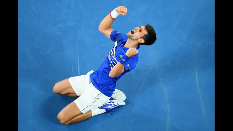 Novak Djokovic celebrates after defeating Rafael Nadal in straight sets <a href="index.php?page=&url=https%3A%2F%2Fwww.cnn.com%2F2019%2F01%2F27%2Ftennis%2Fdjokovic-nadal-australian-open-tennis-intl-spt%2Findex.html" target="_blank">to win his seventh Australian Open title</a> on Sunday, January 27. No man has won more Australian Opens than Djokovic, who now has 15 major titles -- two behind Nadal and five behind Roger Federer.