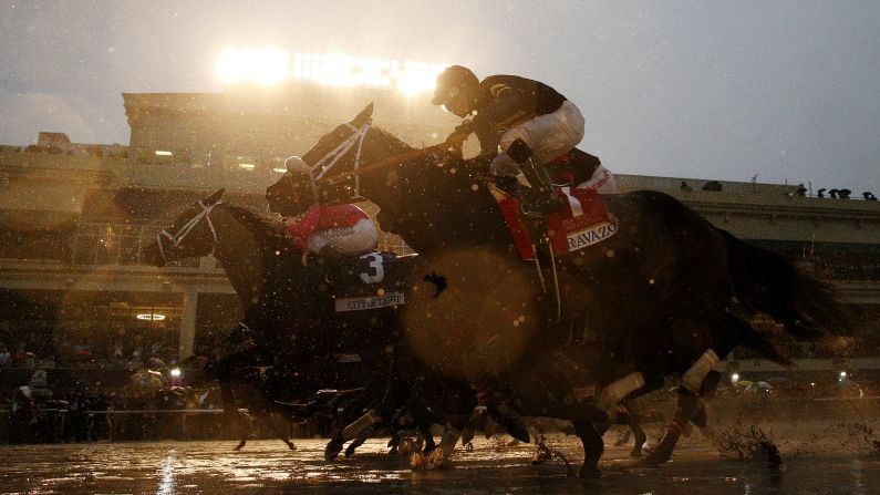 Horses break from the gate at the start of the Pegasus World Cup, which took place in Hallandale, Florida, on Saturday, January 26. City of Light won the race in what was the final start of his career.