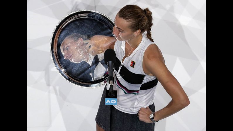 Petra Kvitova is reflected in her runner-up trophy as she's interviewed at the Australian Open on Saturday, January 26.