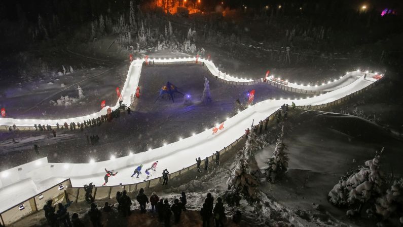 Skaters compete in a downhill ice-cross race in Igora, Russia, on Saturday, January 26.