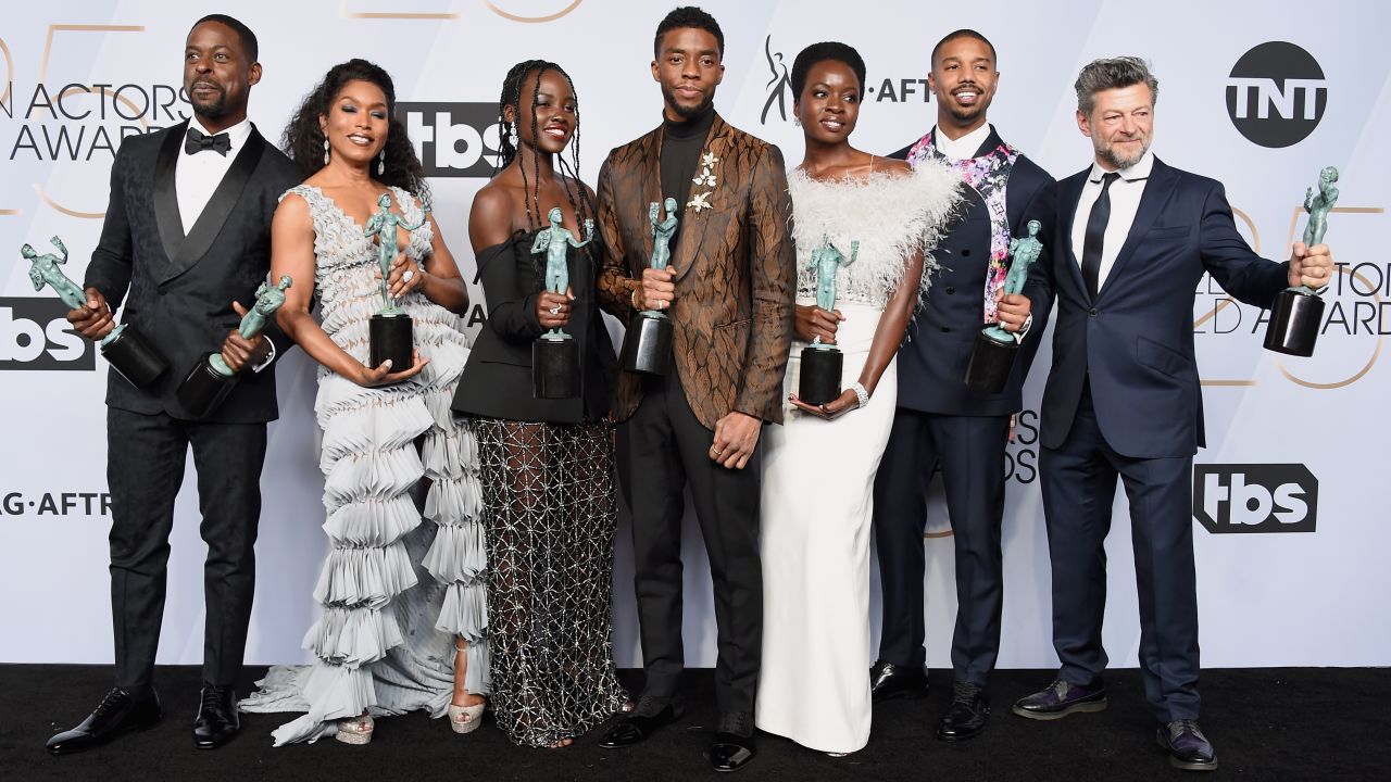 LOS ANGELES, CA - JANUARY 27:  (L-R) Sterling K. Brown, Angela Bassett, Lupita Nyong'o, Chadwick Boseman, Danai Gurira, Michael B. Jordan, and Andy Serkis pose in the press room with awards for Outstanding Performance by a Cast in a Motion Picture in 'Black Panther' during the 25th Annual Screen Actors Guild Awards at The Shrine Auditorium on January 27, 2019 in Los Angeles, California. 480645  (Photo by Gregg DeGuire/Getty Images for Turner)