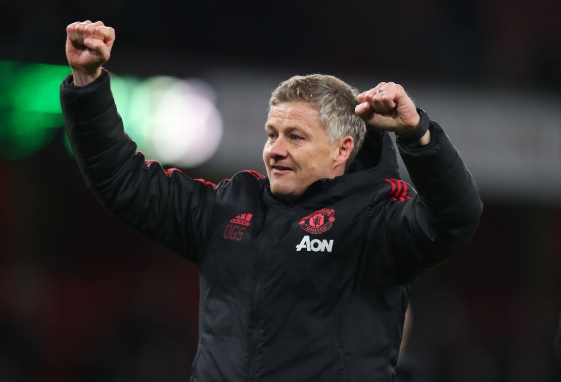Manchester United's interim manager Ole Gunnar Solskjaer, celebrates after the FA Cup Fourth Round match between his team and Arsenal.