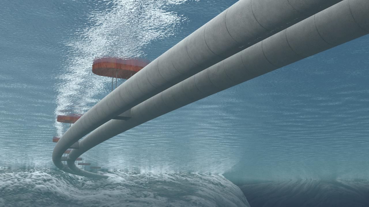A rendering of a submerged floating tunnel under the surface of the water.