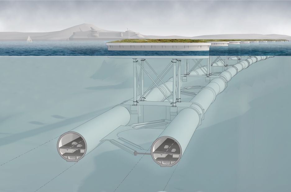 There are two ways of building a submerged floating tunnel. It can be tethered to pontoons that float on water.