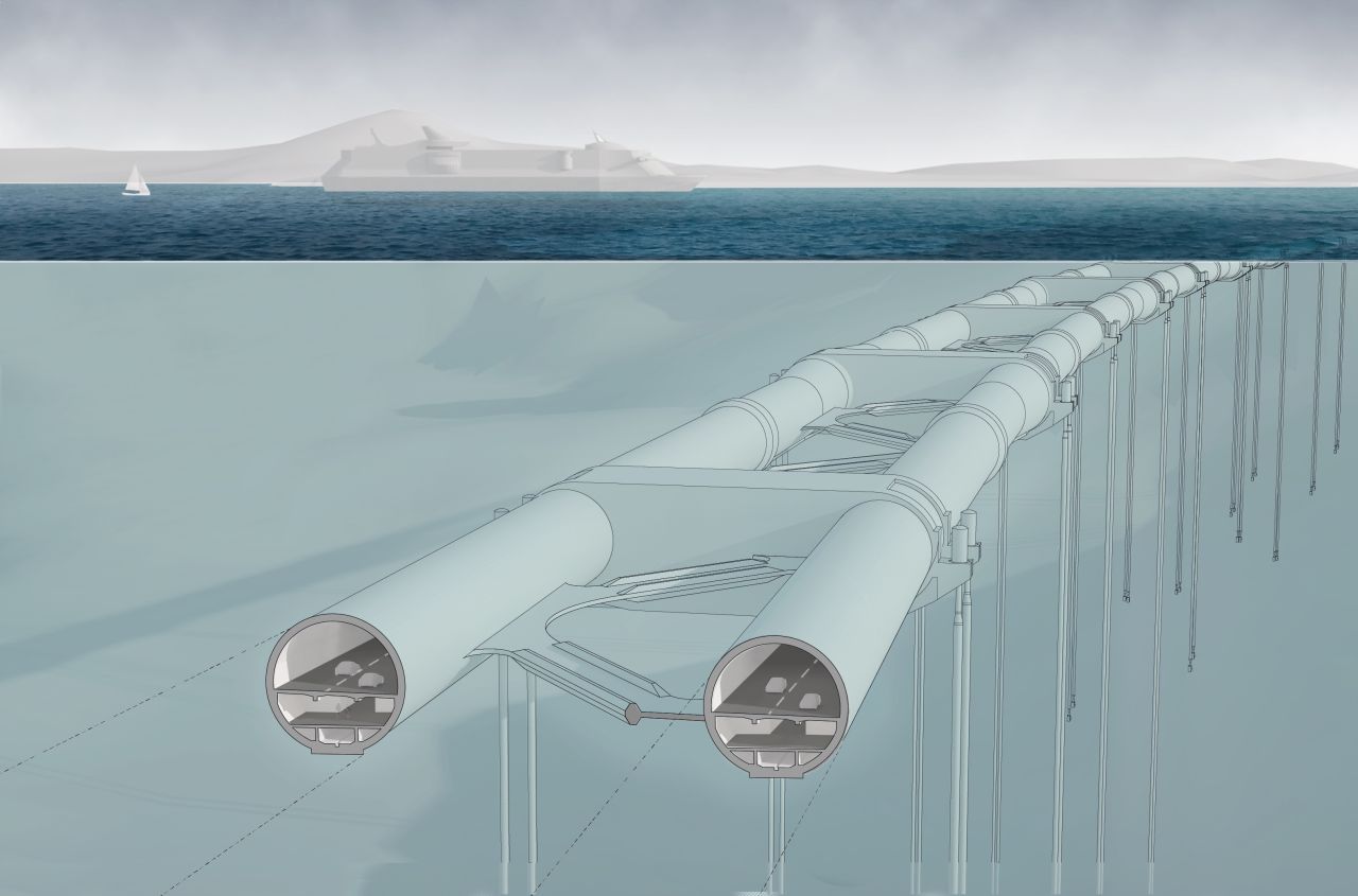 A rendering that shows the floating tunnel anchored to the seabed via cables.