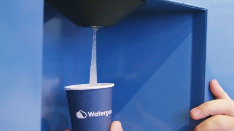 Water being dispensed from Watergen's "Genny" device.