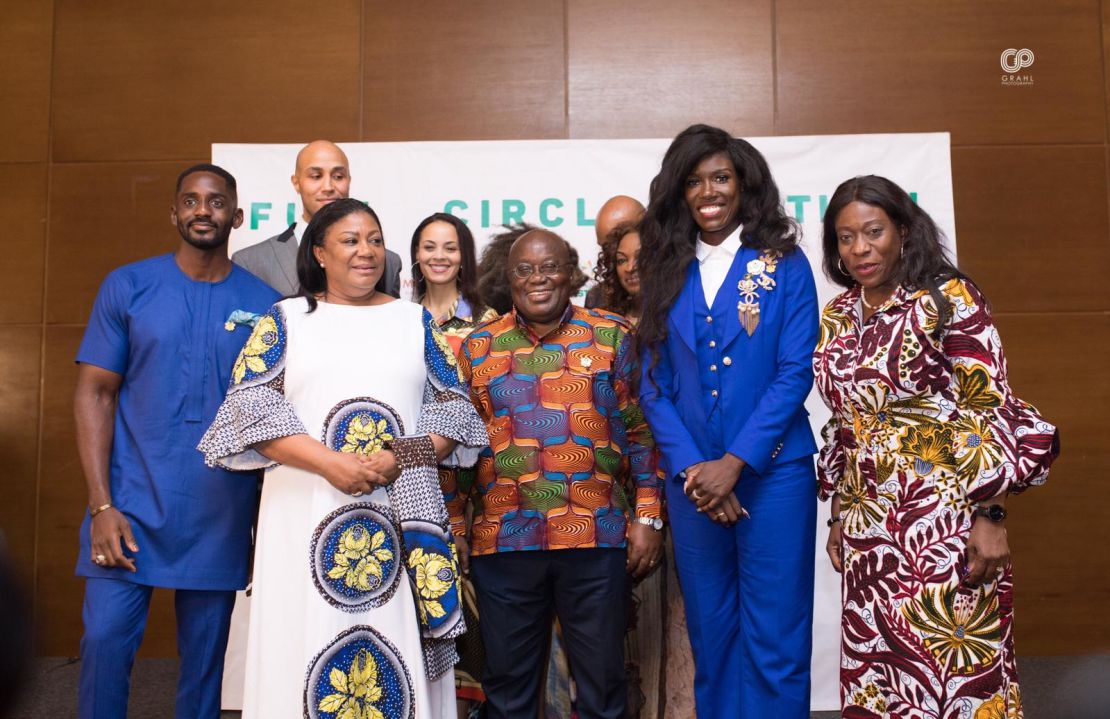Ghanaian president Nana Akufo-Addo and wife Rebbeca pose with attendees at the Full Circle Festival.