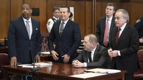 Harvey Weinstein, second from right, appears in court with his new attorneys Ronald Sullivan, left, and Jose Baez, center, on Friday, January 25, 2019. Weinstein's former attorney, Benjamin Brafman, is on the right.