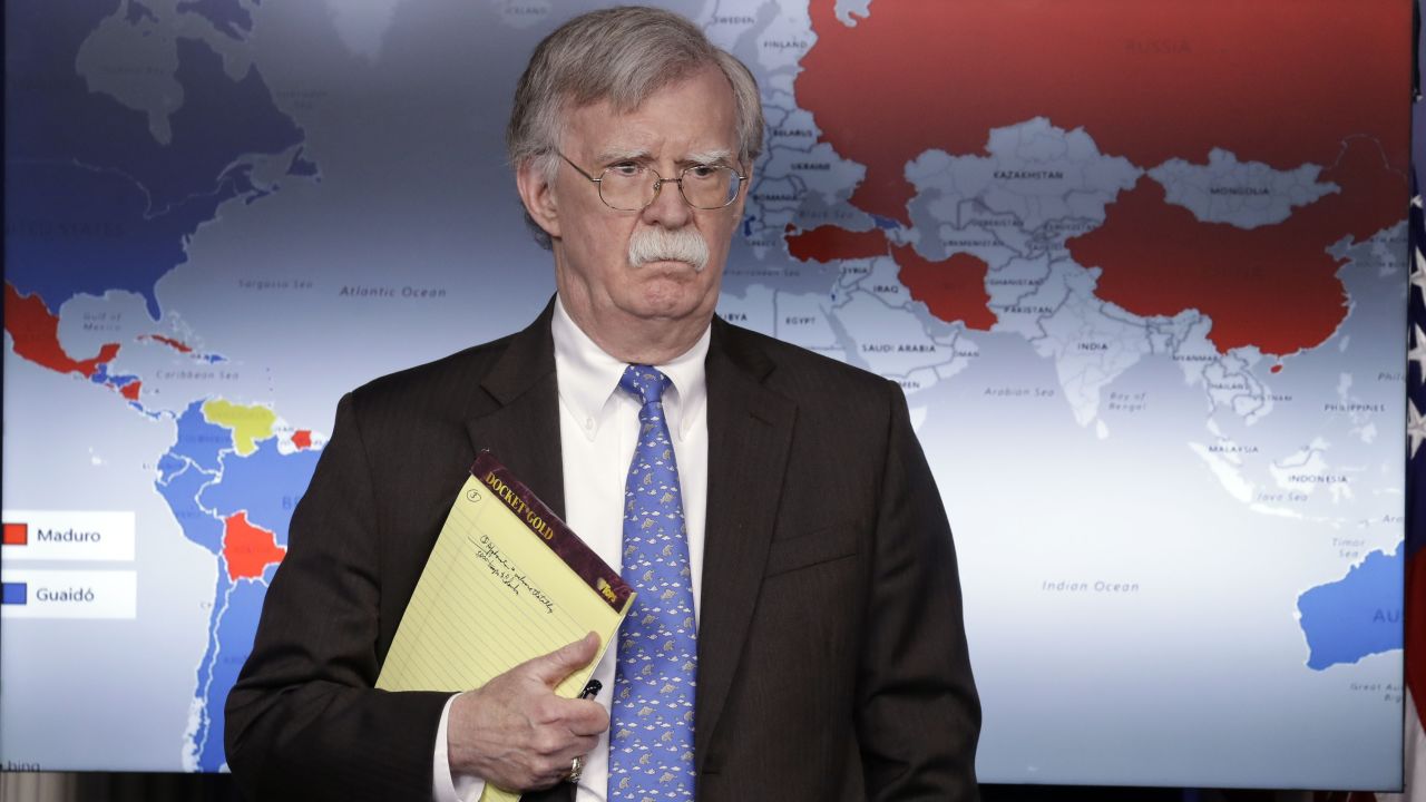 National security adviser John Bolton listens during a press briefing at the White House, Monday, Jan. 28, 2019, in Washington. (AP Photo/ Evan Vucci)