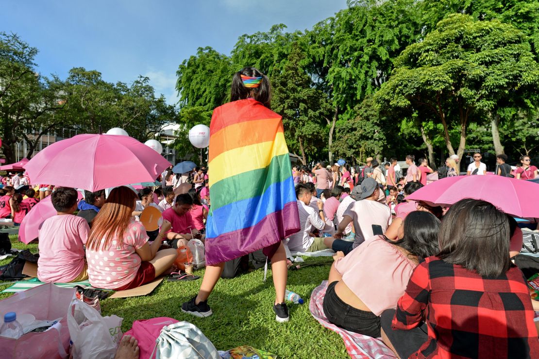 A supporter wrapped in a rainbow flag attends the annual "Pink Dot" in Singapore, where LGBT rights remain highly restricted. 