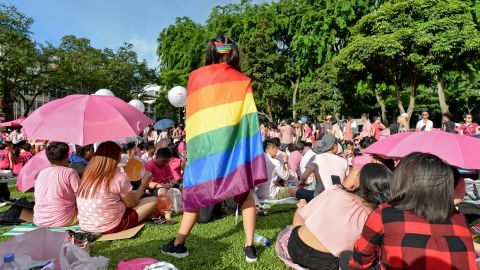 A supporter wrapped in a rainbow flag attends the annual "Pink Dot" in Singapore, where LGBT rights remain highly restricted. 