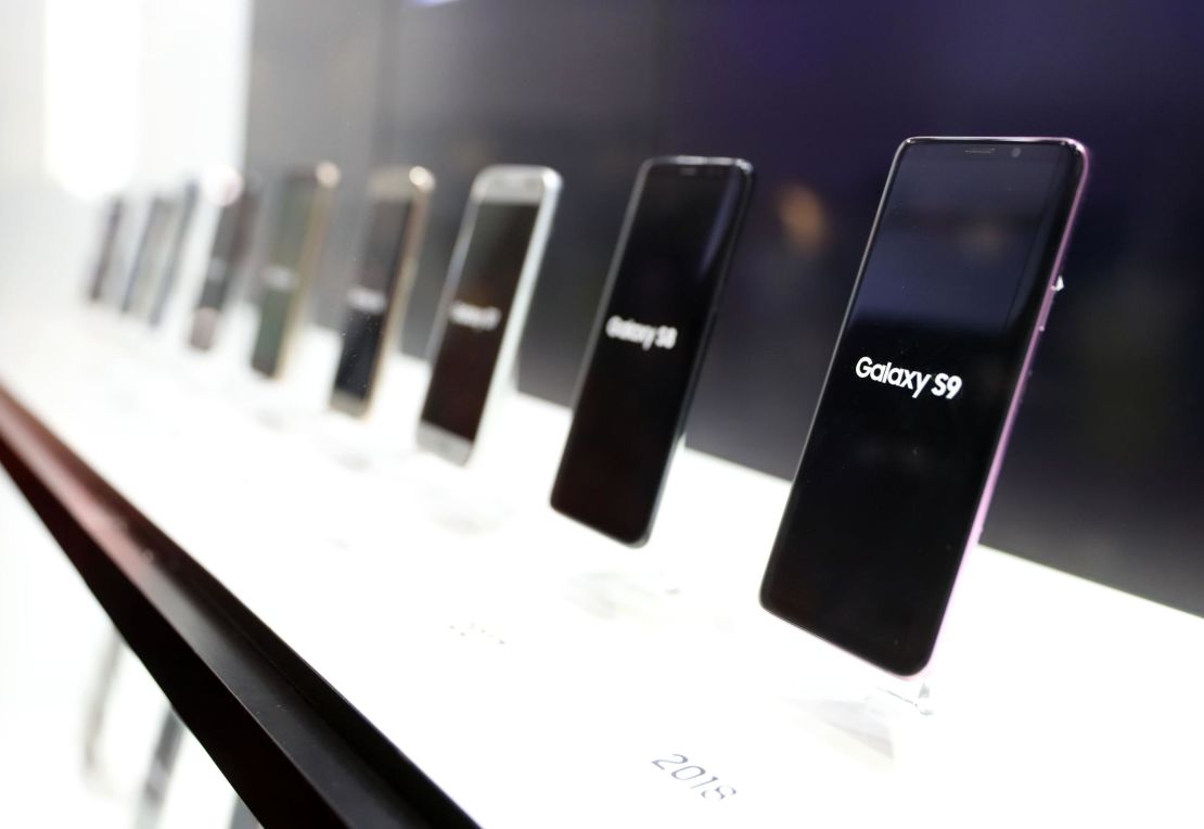 Multiple generations of the Samsung Galaxy phone displayed at a booth at CES 2019 in Las Vegas.