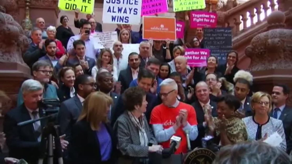 Survivors and supporters gather at the New York State Capitol Monday to celebrate the passage of the New York Child Victims Act. 