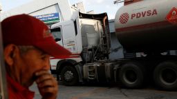 The corporate logo of the Venezuelan oil company PDVSA is seen on a tank truck at a state-owned gas station in Caracas, Venezuela January 28, 2019. REUTERS/Manaure Quintero NO RESALES. NO ARCHIVES.
